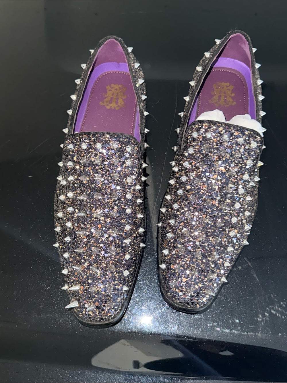 Men's Glitter Spike Slip-On Loafers in Black - Picture 3 of 4
